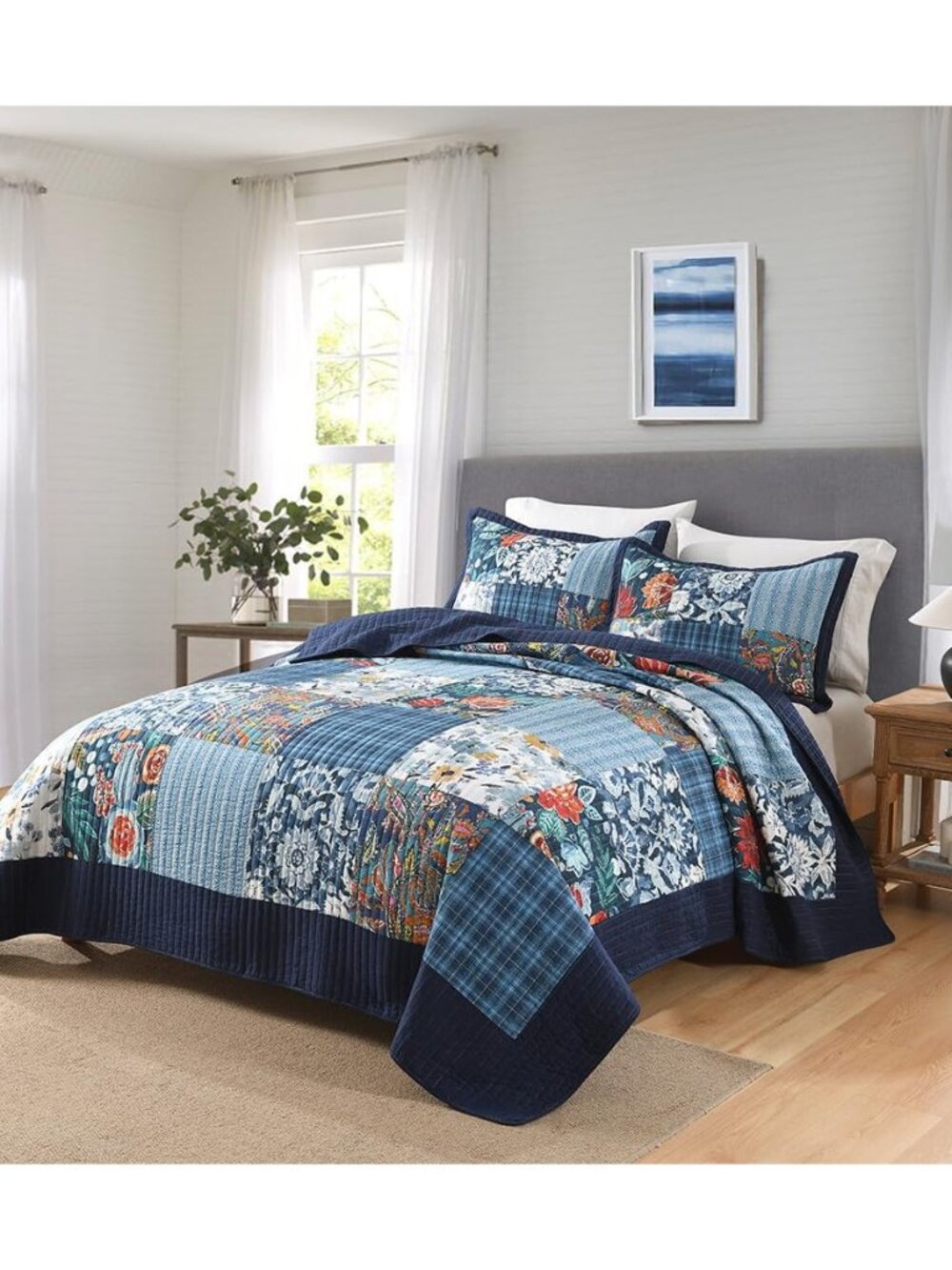 Cotton Bedspread Luxury Vintage Floral Patchwork Quilt Blue Bedding Sets, King